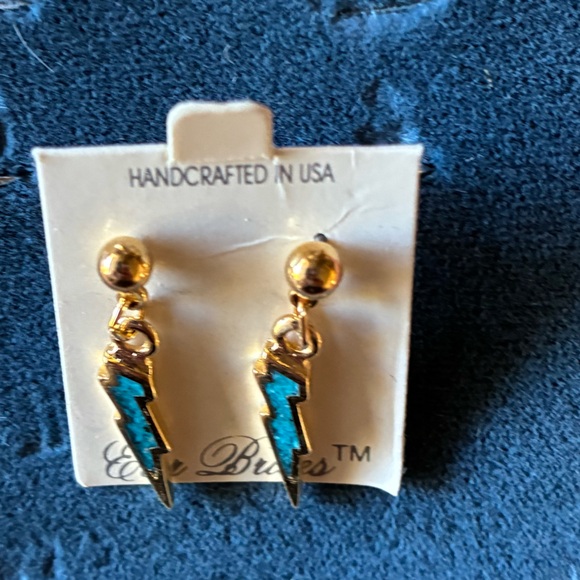 Gold Lightning Bolt Drop Earrings with Turquoise Inlay - Picture 4 of 6